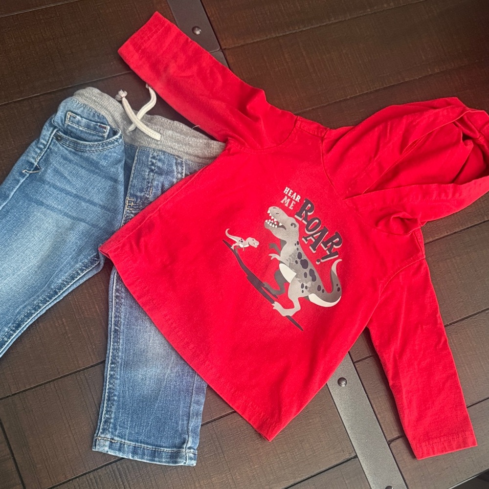 Cat & Jack Jeans and Red Dinosaur Hoodie